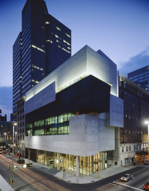 Image is of the outside facade of the Contemporary Arts Center at nighttime.