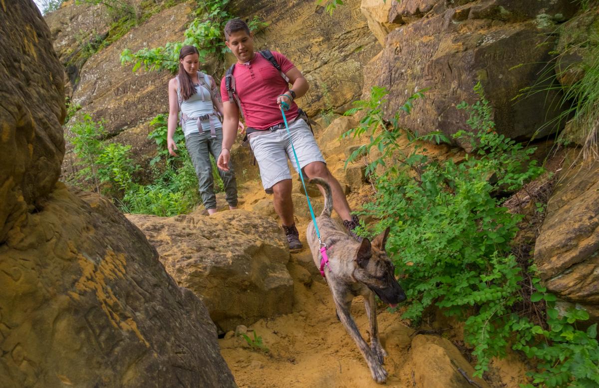 couple and dog hiking red sandstone rocks