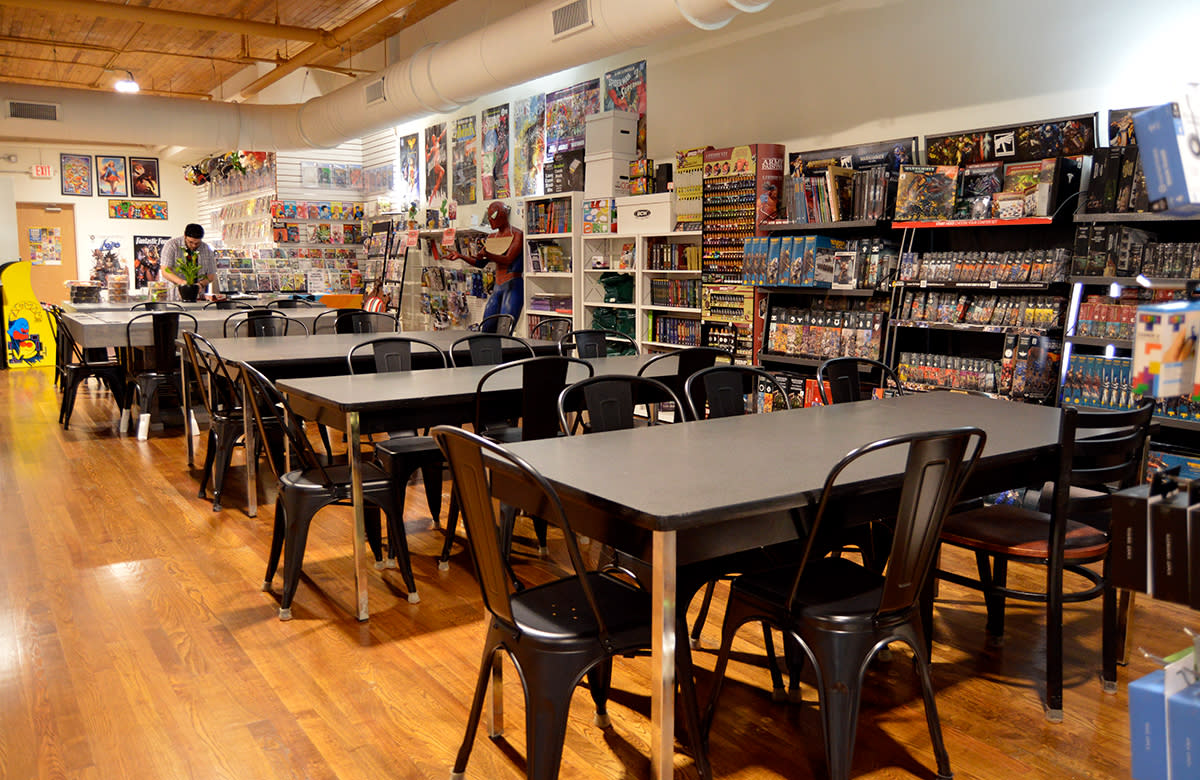 Gaming tables in Hidden Temple Toys store in Downtown Selma, NC.