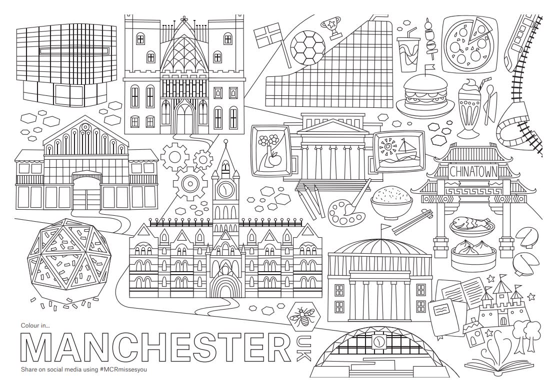 Colouring sheet of attractions in Manchester