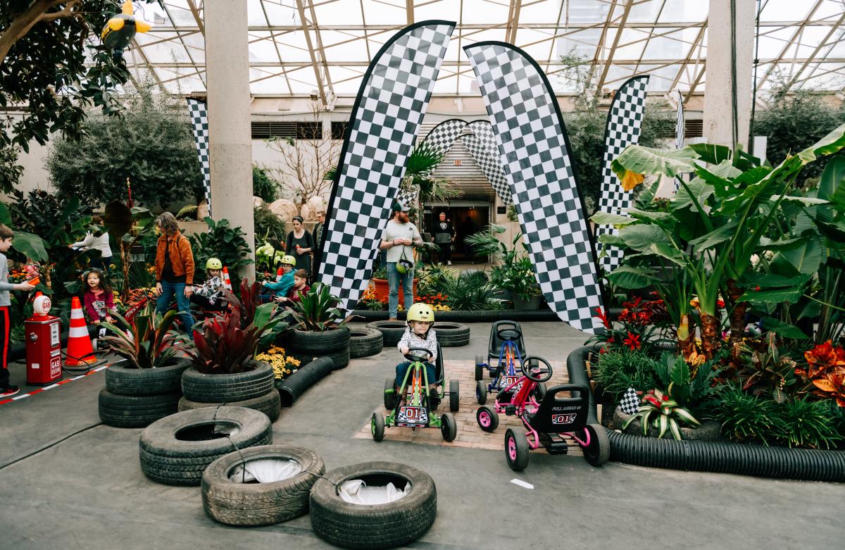 Two kids race in mini pedal go carts through the botanical conservatory indoor garden