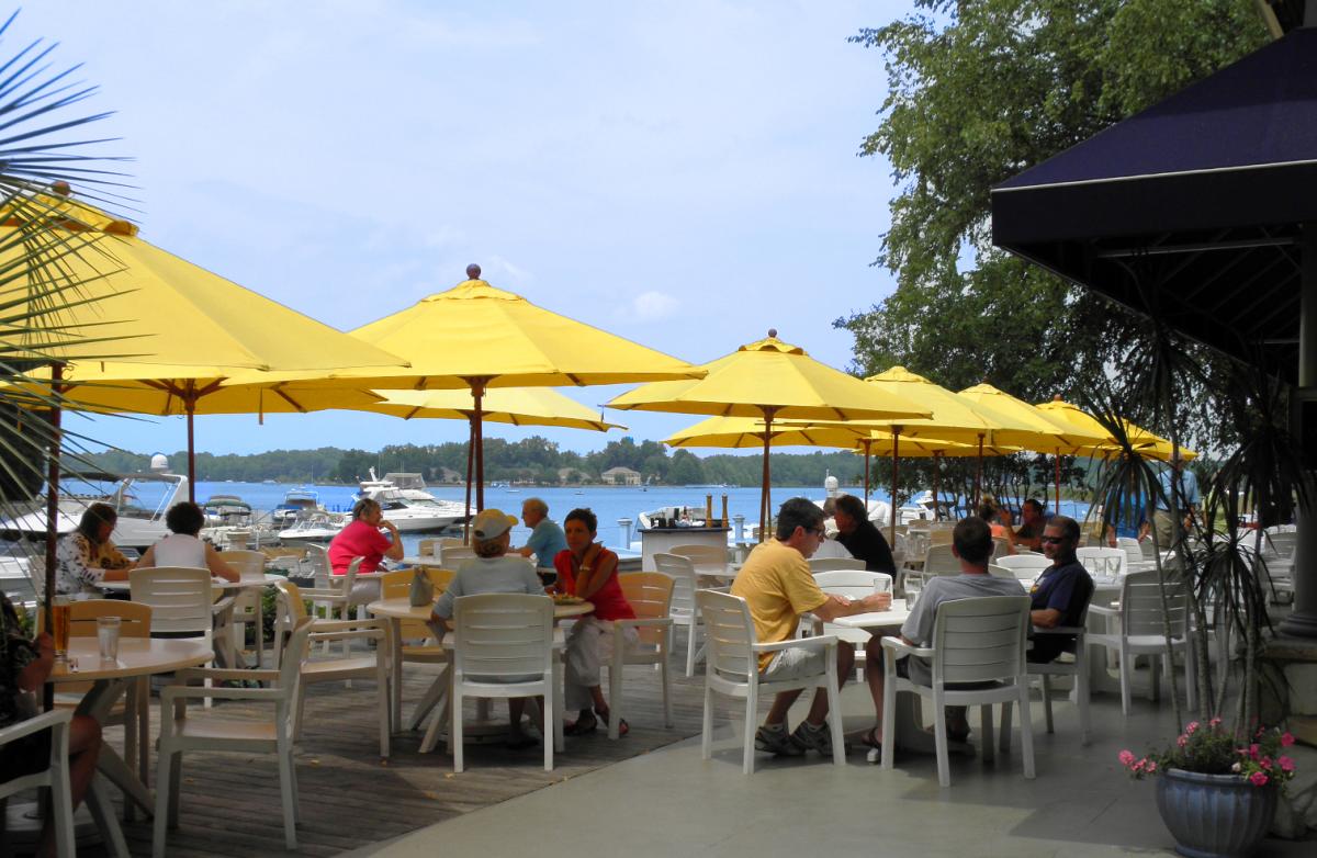 Yellow Umbrellas, Lakeside, Patio, White chairs
