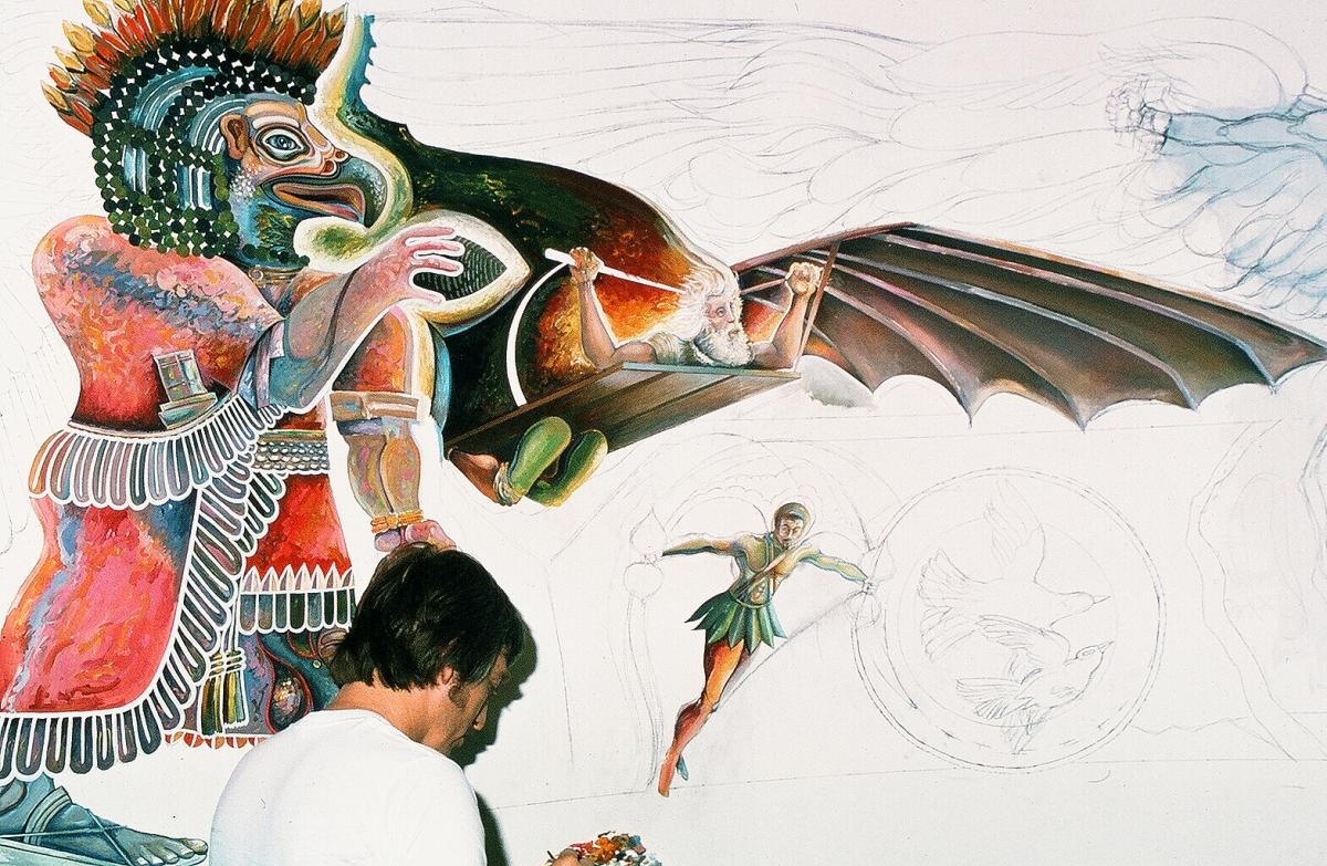 Roberto Rios painting Flight mural for the Airmen Heritage Museum at Lackland Air Force Base, 1978.