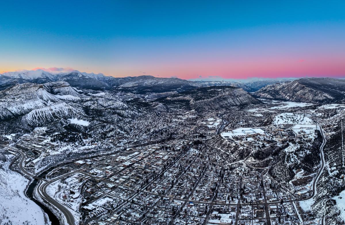 Sunset of Downtown Durango by Drone During Winter | Rhyler Overend