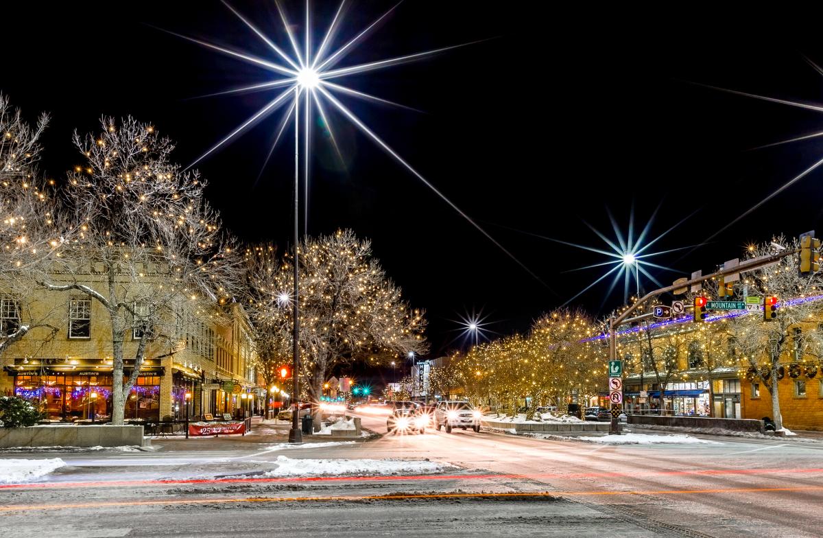 College and Mountain Holiday lights downtown