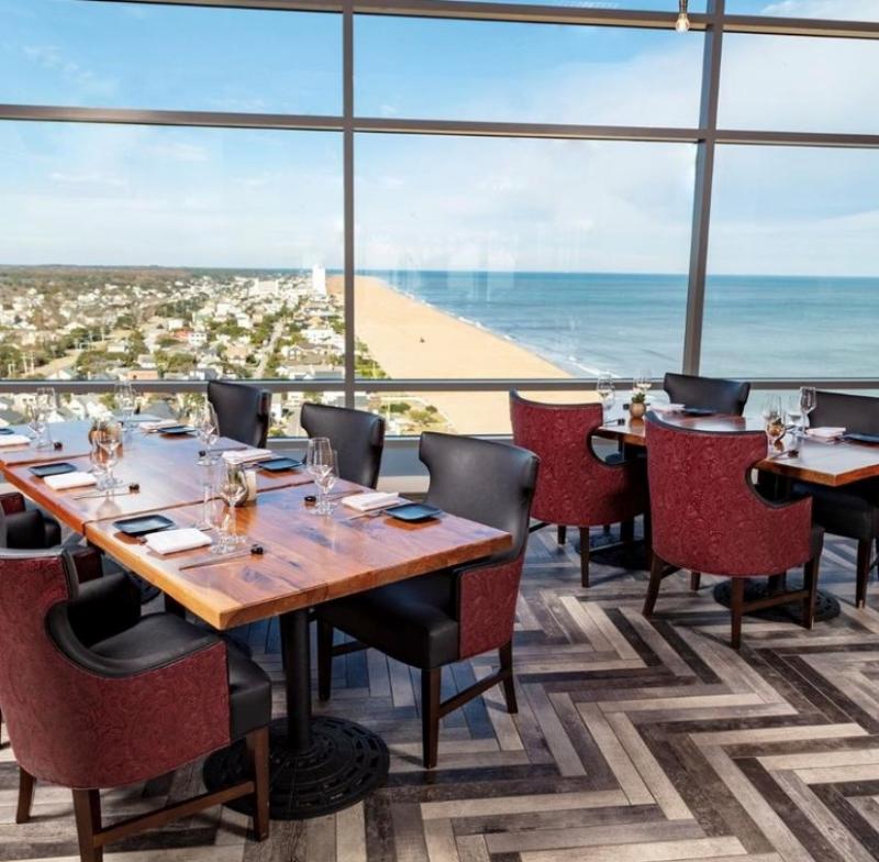 The dining room at Orion's Roof in Virginia Beach offers stunning views of the Atlantic Ocean.