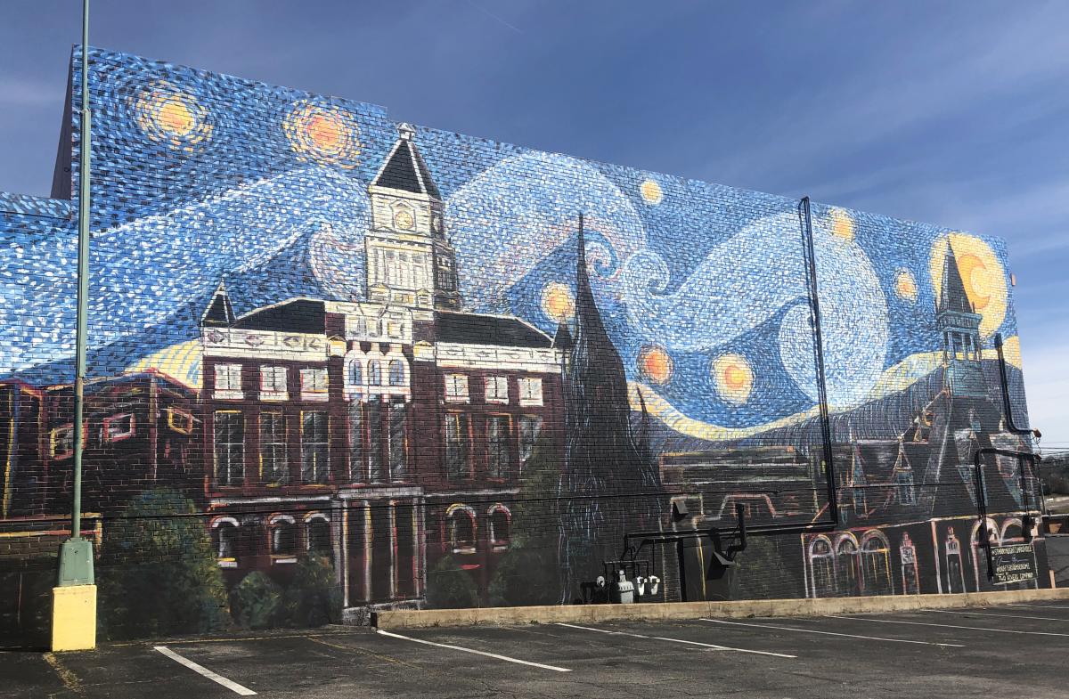 Clarksville mural in the style of Van Gogh's Starry Night