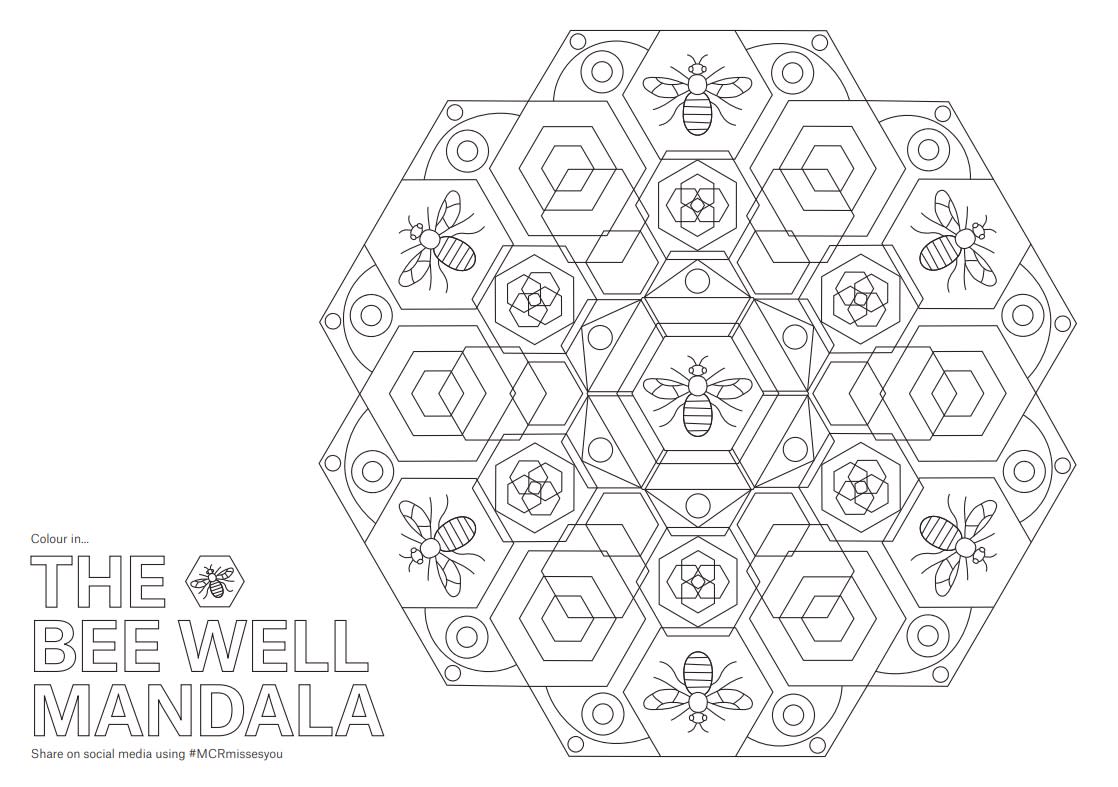 Colouring sheet of Manchester bee well mandala