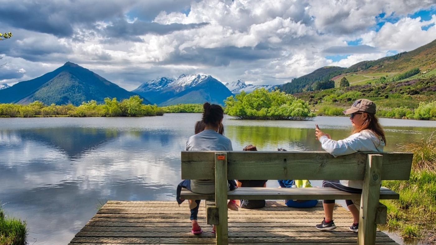 Family walks along the Glenorchy Lagoon Walkway