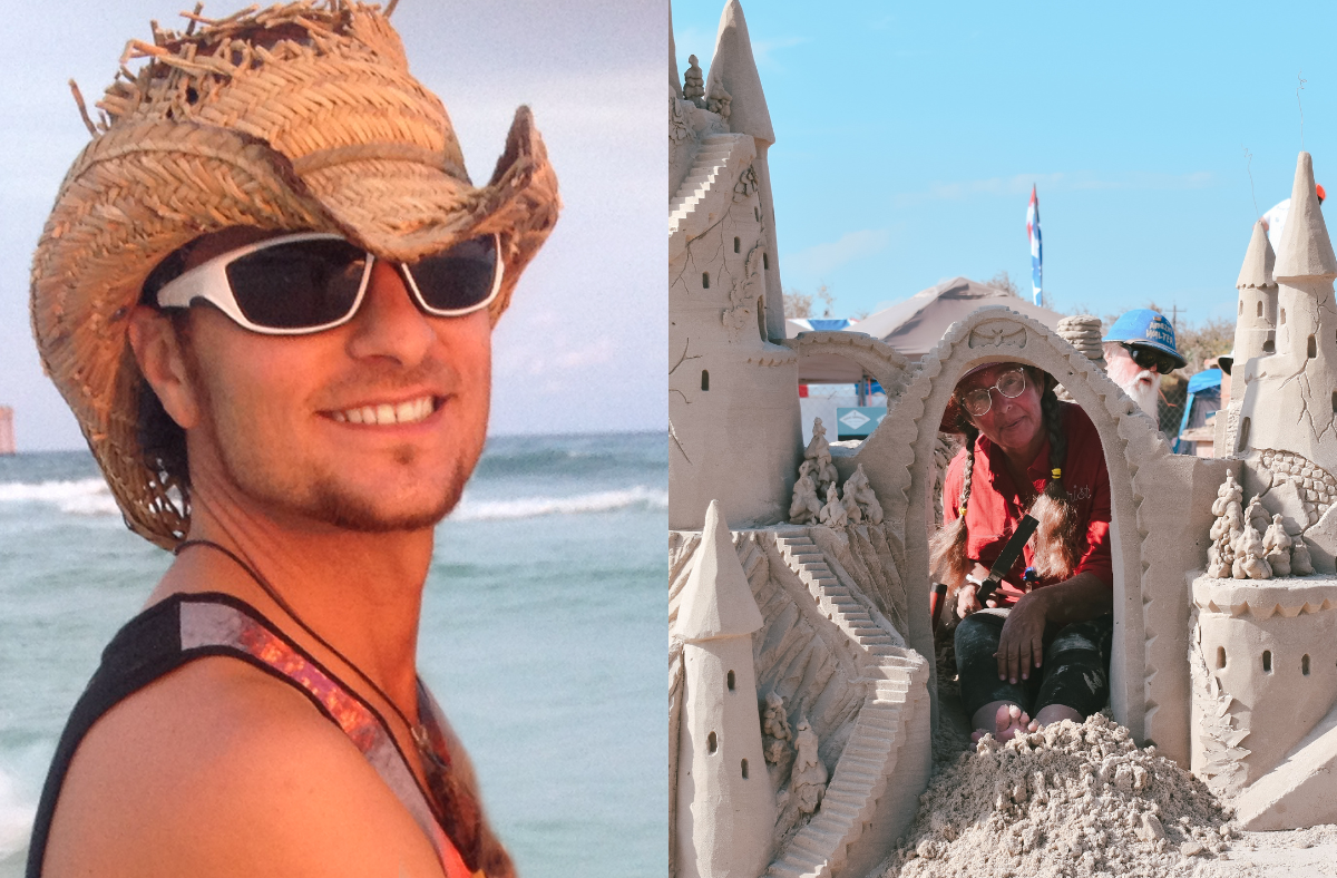 Two photos side by side. On the left is a man in a straw hat, and on the right is a woman with braids looking at the camera through the arch of a sand sculpture.