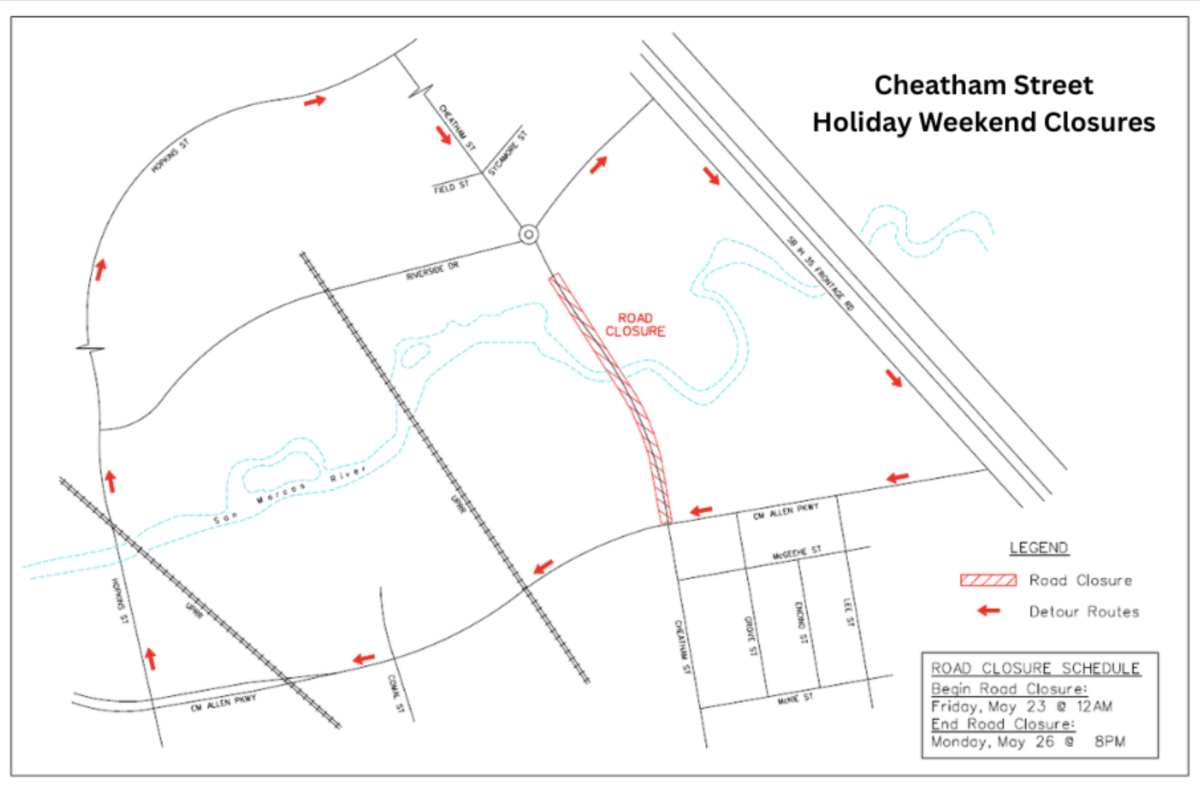 A map of the holiday road closures on Cheatham Street.