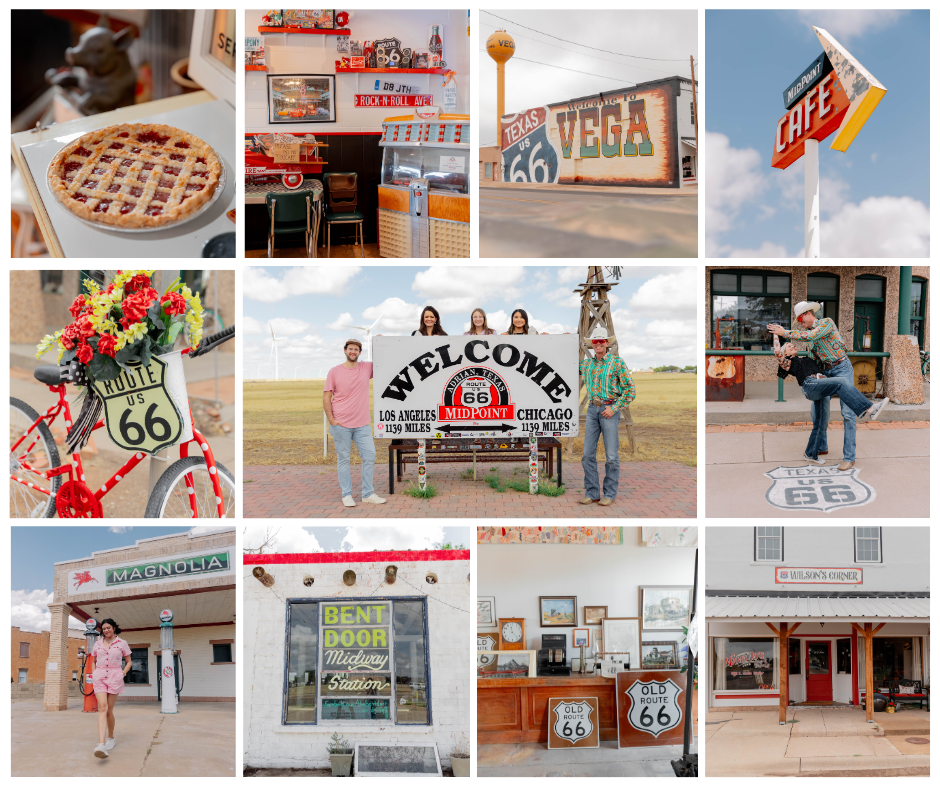 A collage of vibrant Route 66 stops in the Texas Panhandle, featuring slices of Americana like a fresh cherry pie, a retro diner jukebox, and colorful signage for the MidPoint Café. Travelers pose at the official midpoint between Los Angeles and Chicago, marked by the iconic Route 66 sign. Scenes include small-town murals, vintage gas stations, and a couple dancing joyfully on the street. Each image captures the charm, nostalgia, and warm hospitality that define this legendary stretch of road.