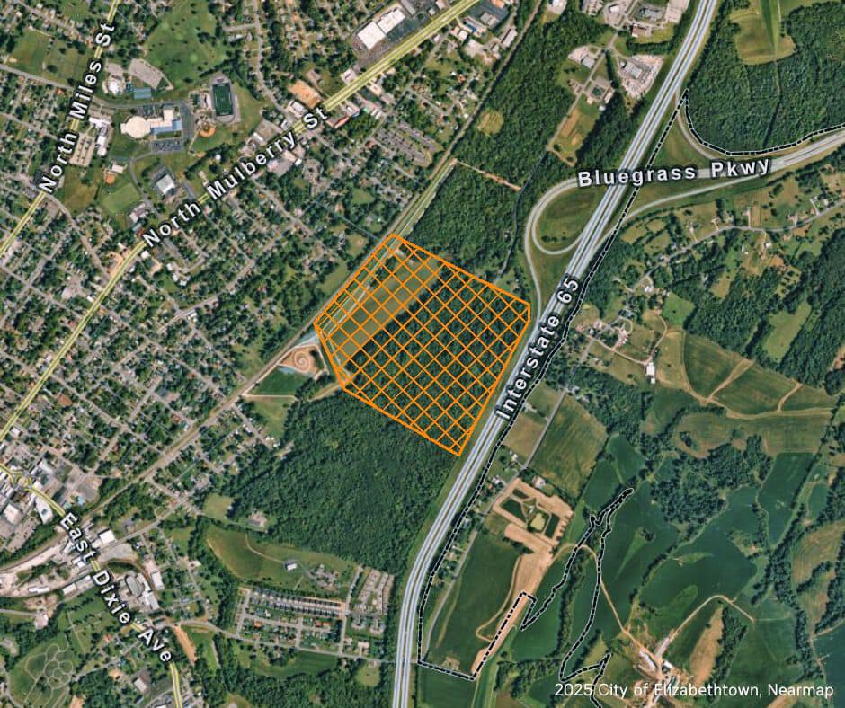 Avoid the area outlined on the map due to construction of the new Outdoor Venue in Elizabethtown, Ky.
