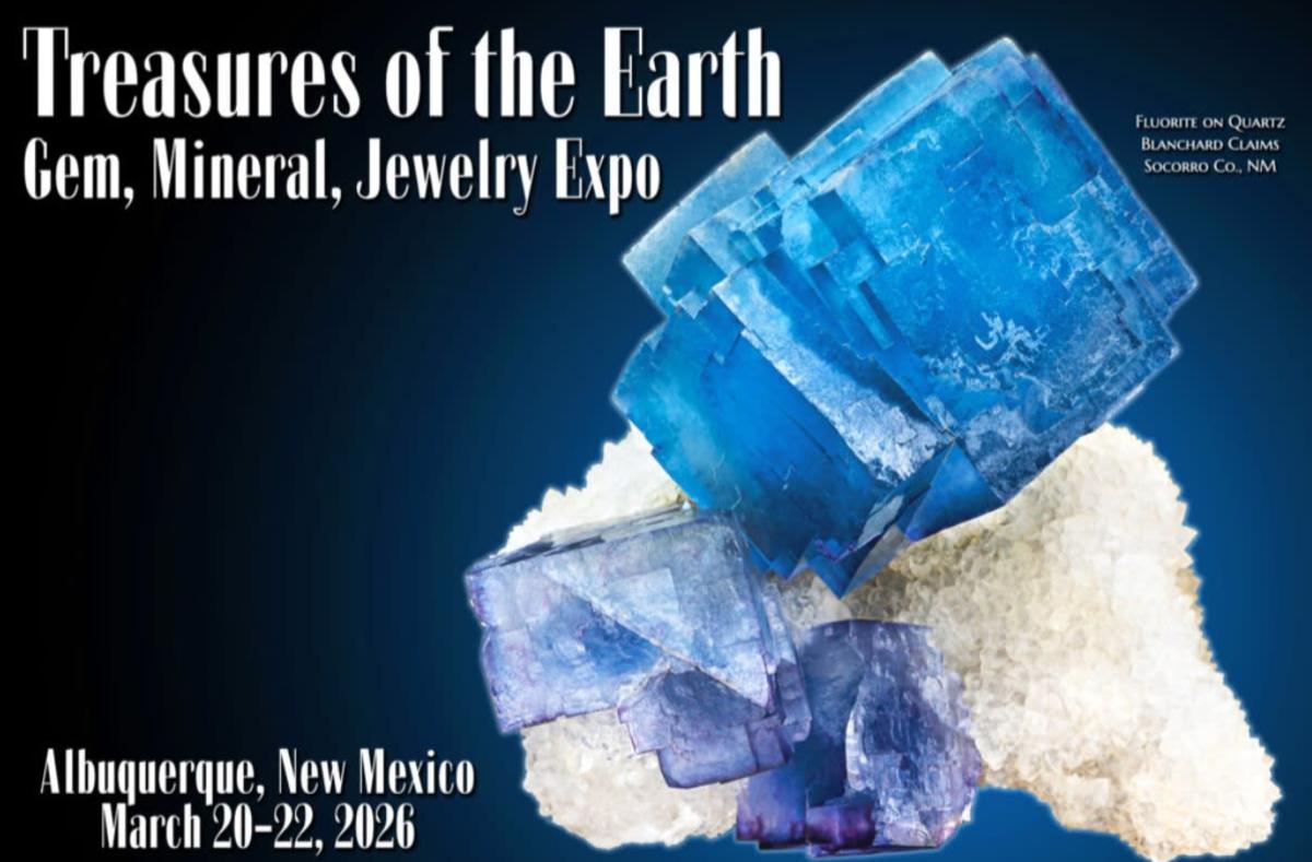 A graphic advertising the Treasures of the Earth Gem, Mineral and Jewelry Expo in Albuquerque on March 20-22, 2026.