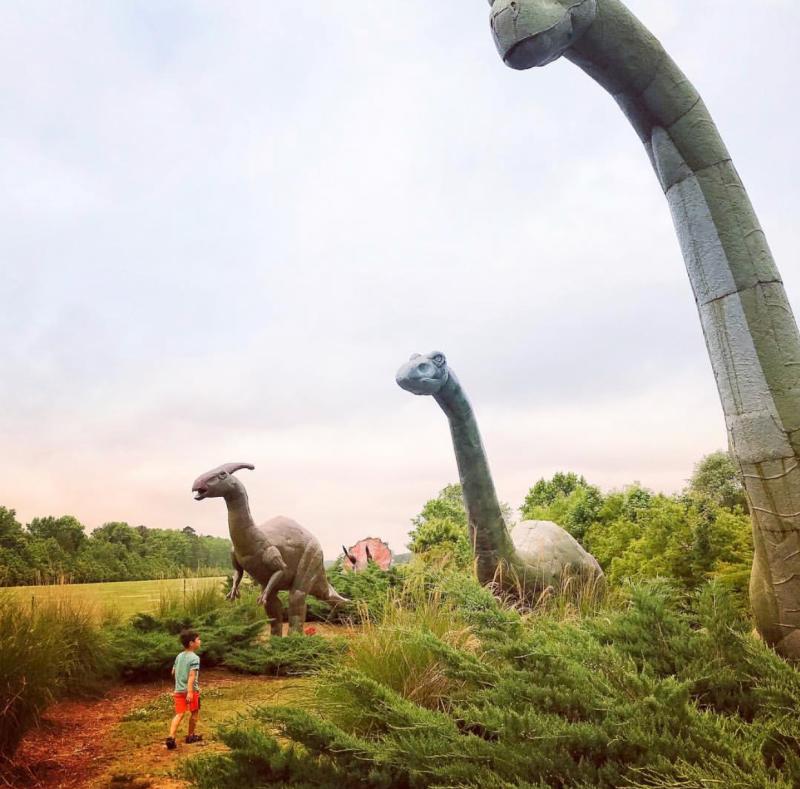 kid walking amongst giant metal dinosaurs in Pungo Virginia Beach