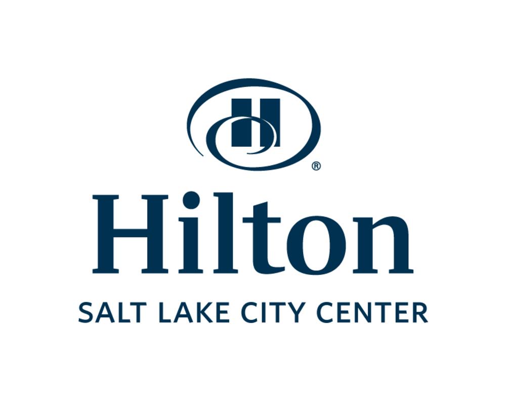 Hilton logo that is an H inside a curly circle with the words Hilton Salt Lake City Center underneath