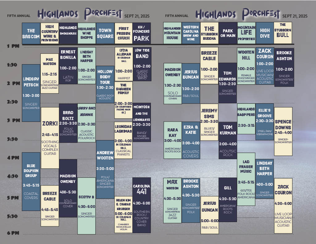 Highlands Porchfest 2025 Schedule