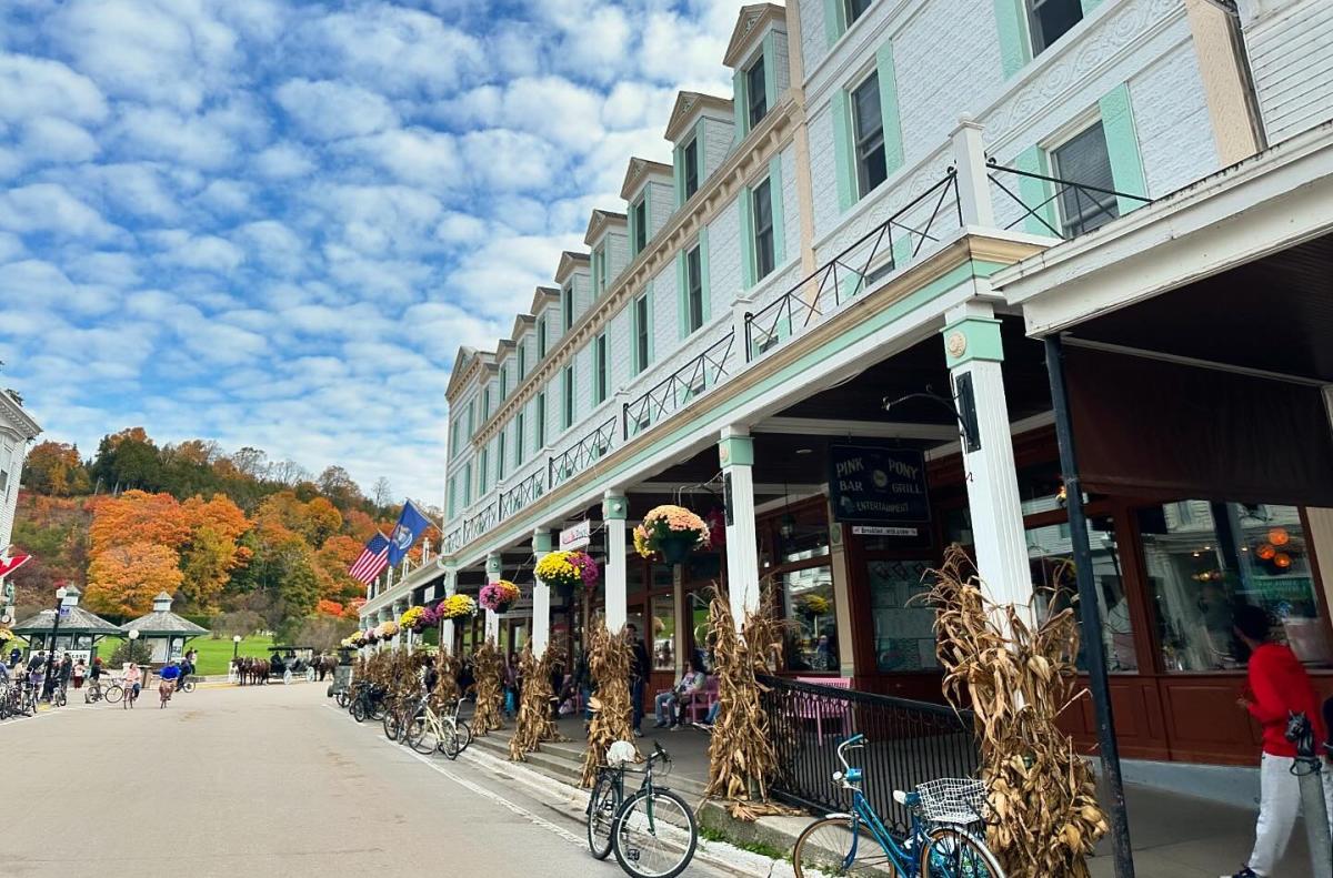Mackinac Island Main Street in autumn with corn stalks and fall colors