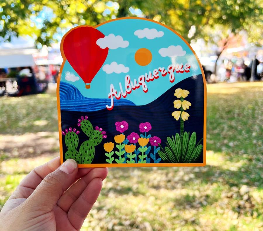 A colorful sticker with a hot air balloon that says "Albuquerque" from Squidly Designs