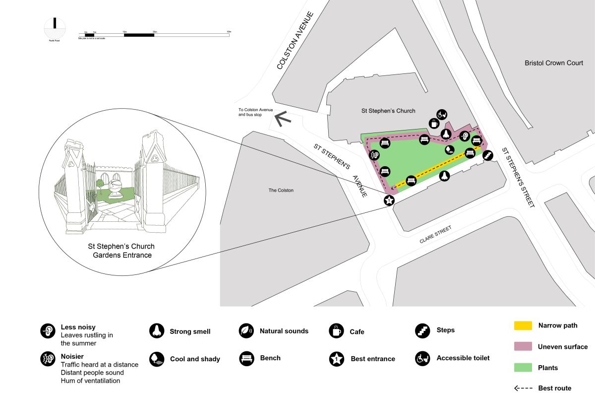 An image showing a graphic site plan of one of the Bristol Quiet Areas, St Stephens Church Gardens. The image shows the area in greater detail with icons for different elements such as 'less noisy', 'less crowded', 'steps' among others.