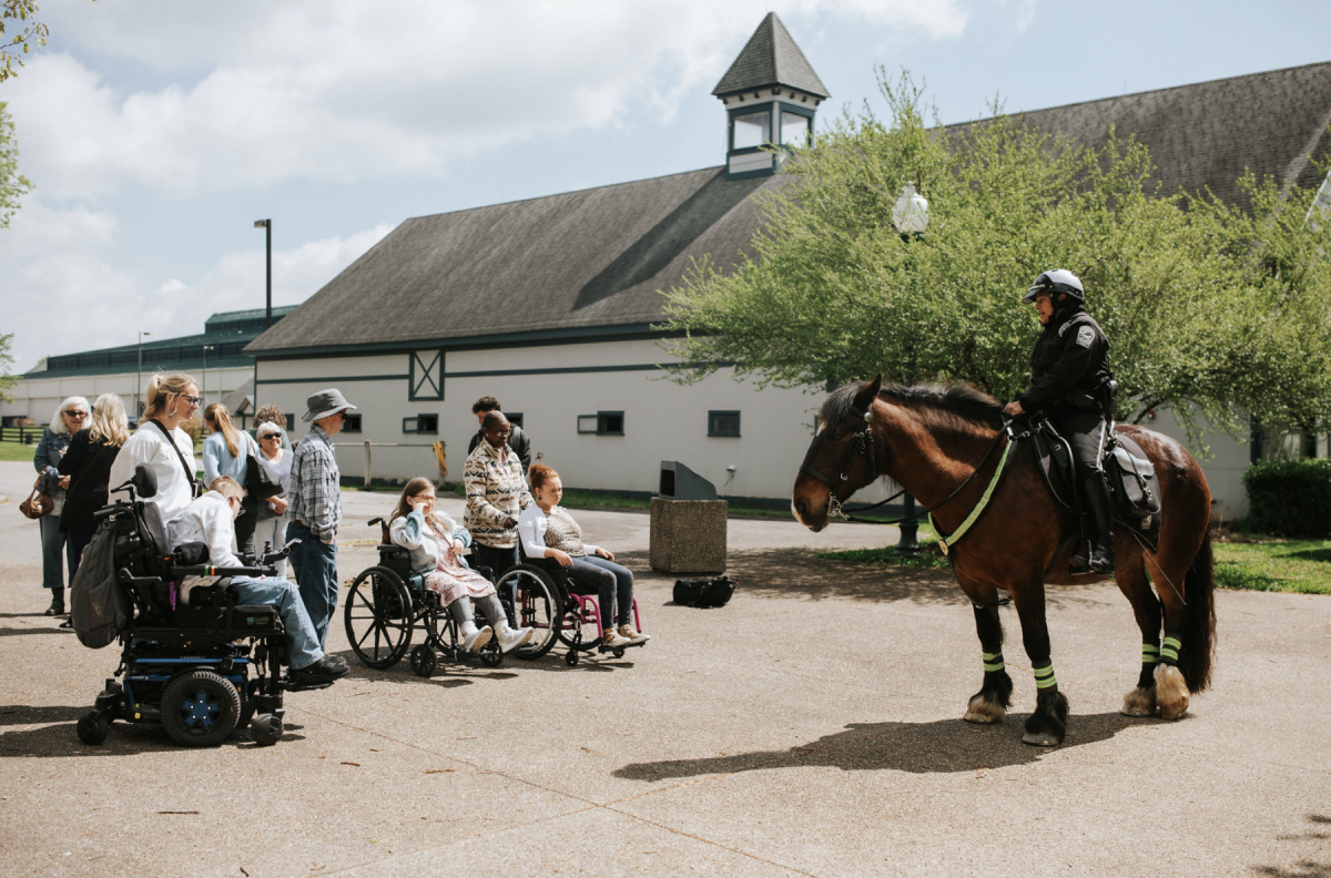 Individuals in wheelchairs listen to mounted horse police