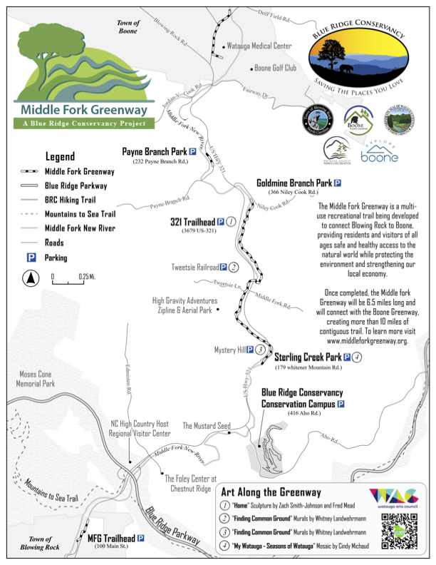 The Middle Fork Greenway map marks each access point and pocket park along this 6.5-mile corridor. The Middle Fork of the New River, the Mountains to Sea Trail, and public art spots are also marked on the map.