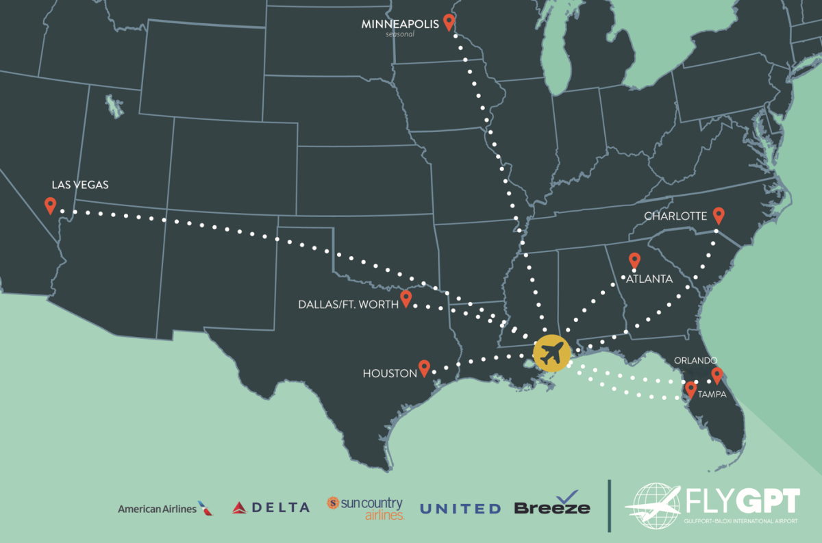 map graphic of airline routes to and from Gulfport/Biloxi International Airport