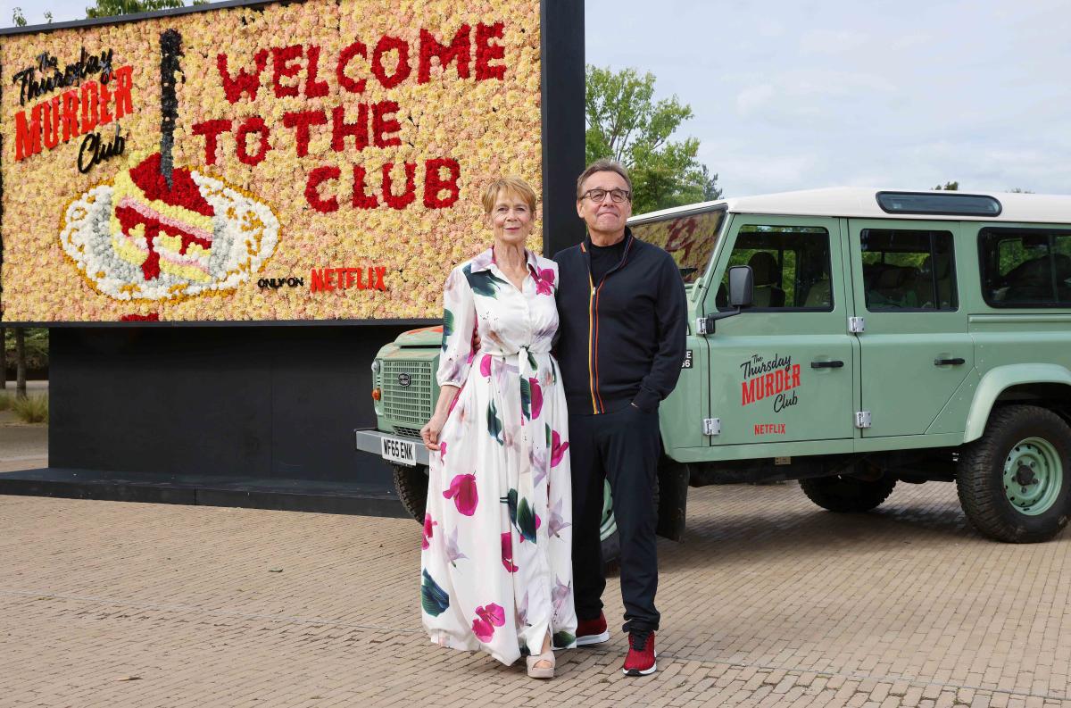 Actress Celia Imrie and director Chris Columbus at RHS Wisley, Surrey for the launch of The Thursday Murder Club trail