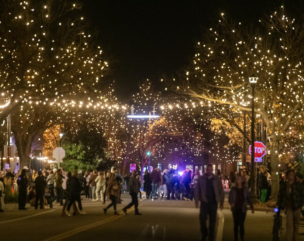 A crowd gathers at the holiday light ceremony 2023 in Downtown Fort Collins