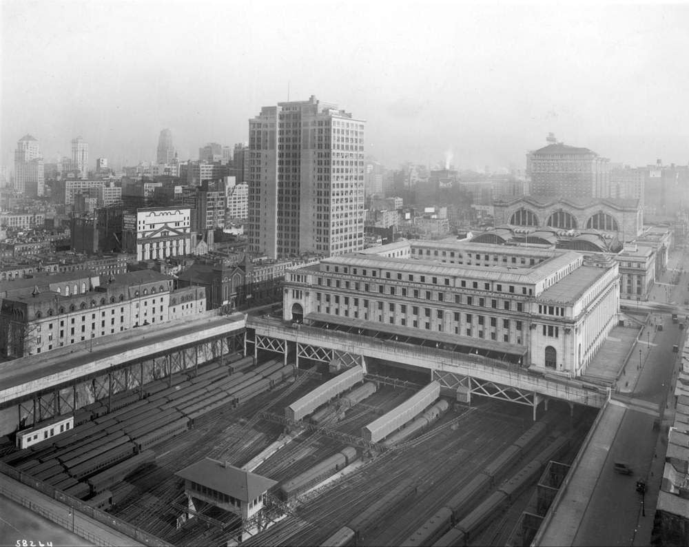 Historic view of the original Pennsylvania Station area in New York City before demolition