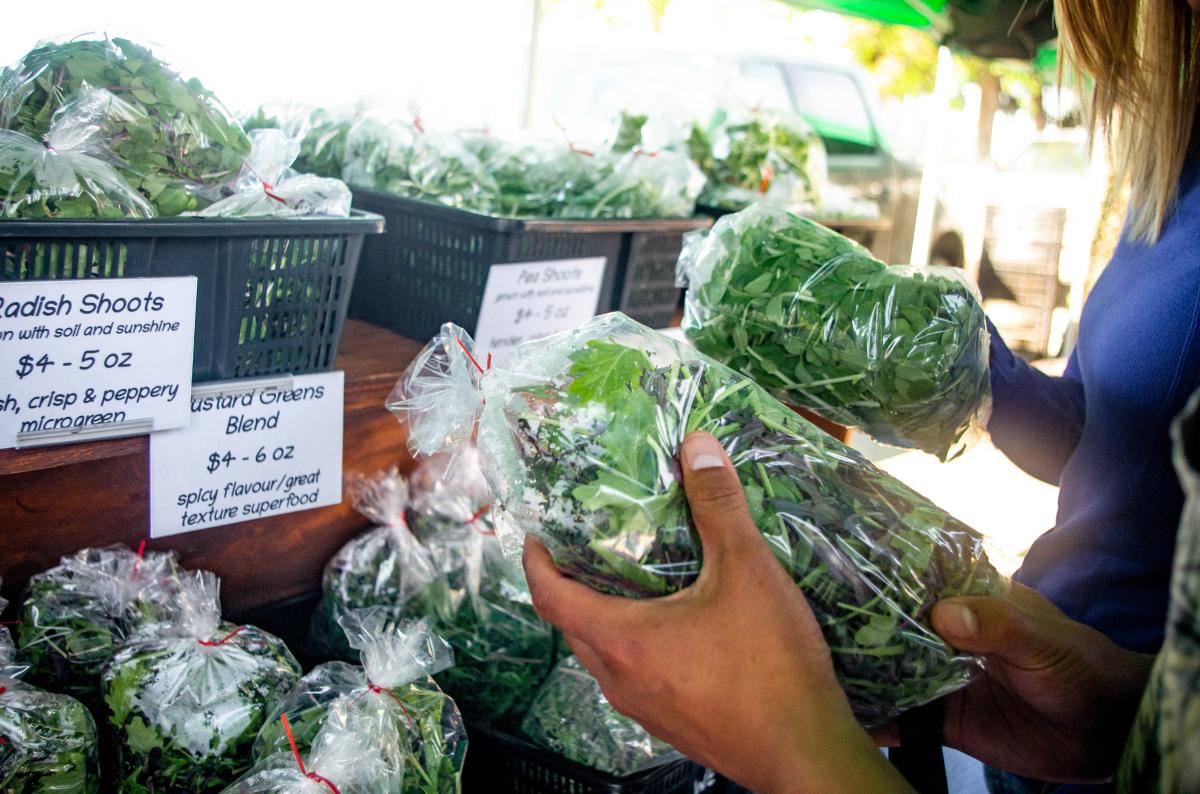 People holding produce at a farmer's market