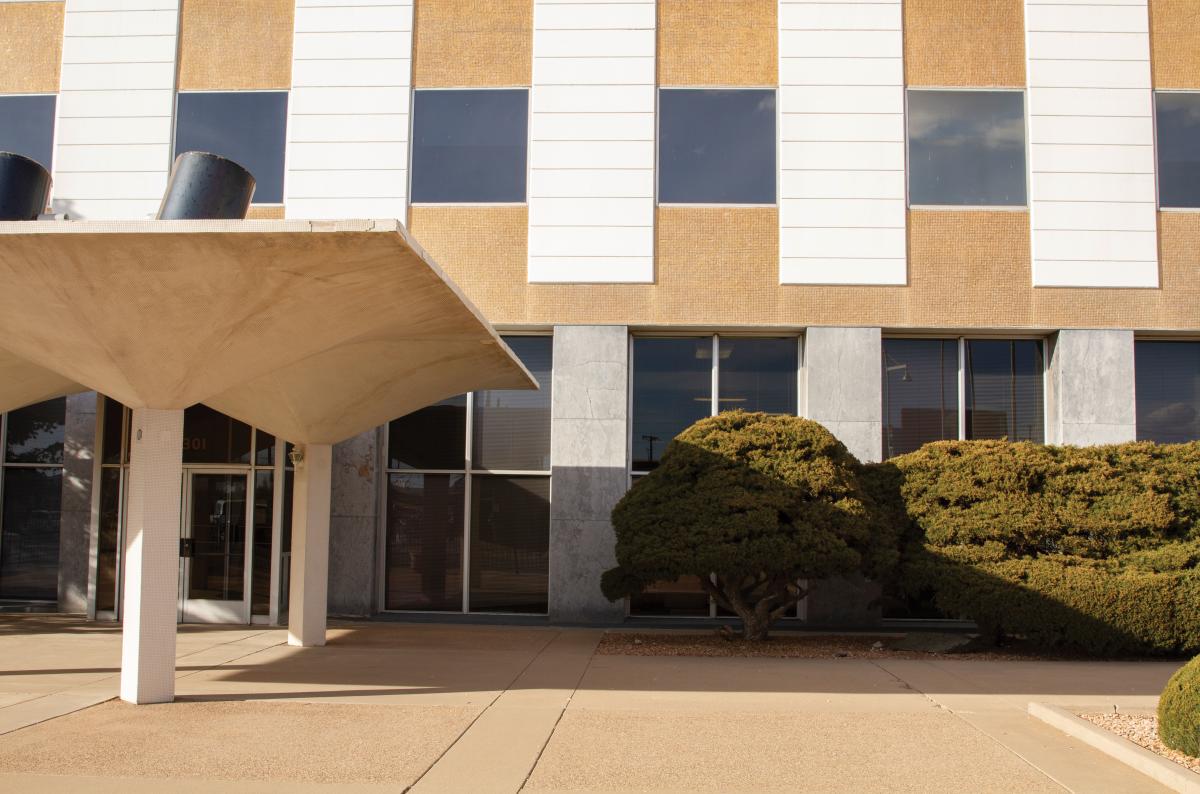 The entrance to the Bank of the West Building, aka Horizons Pillar, in Albuquerque.