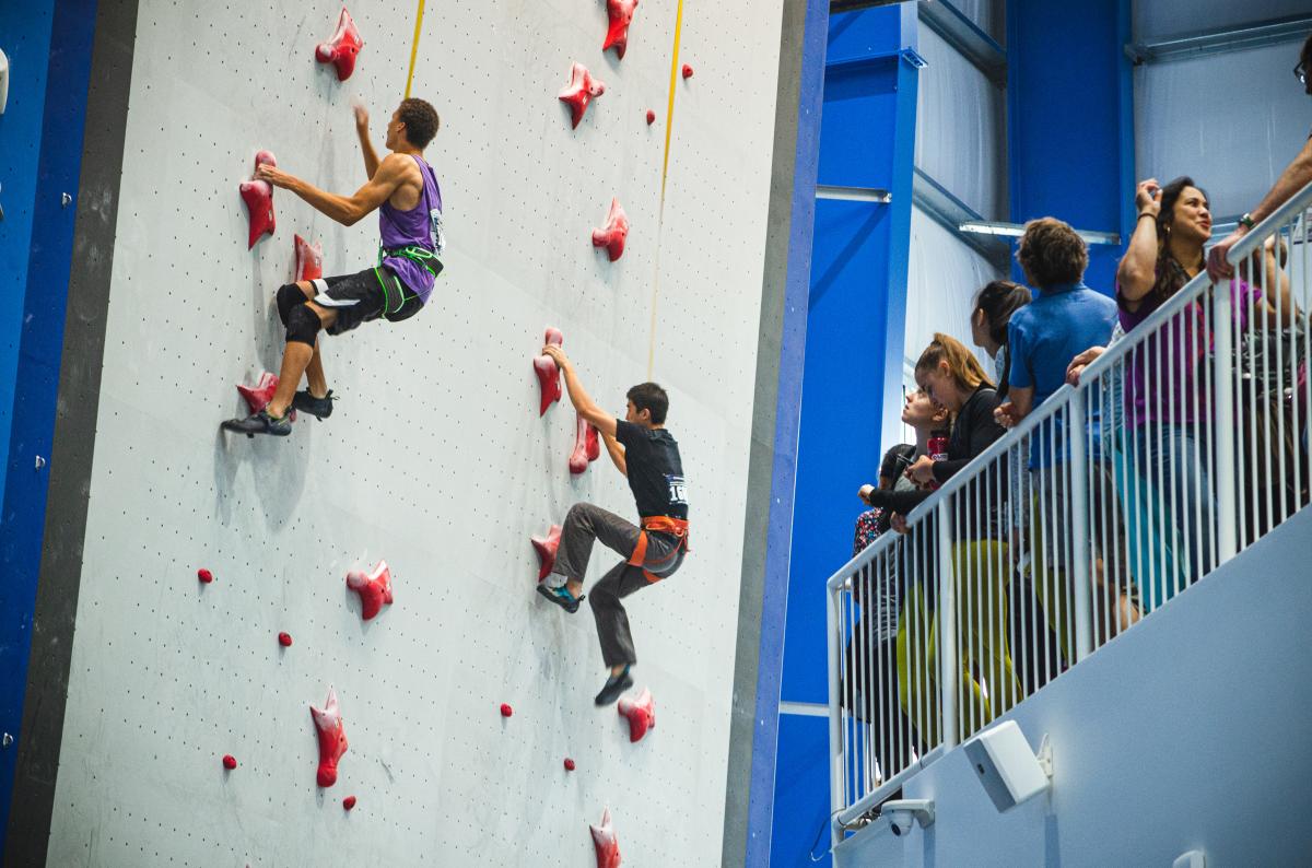 Two individuals indoor rock climbing 