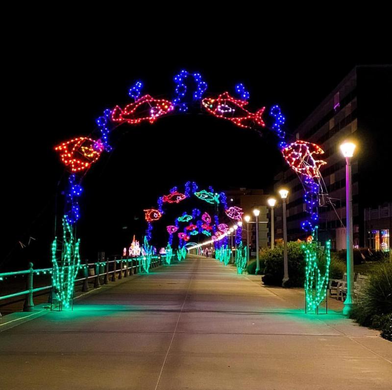 Holiday Lights strung down a beach boardwalk