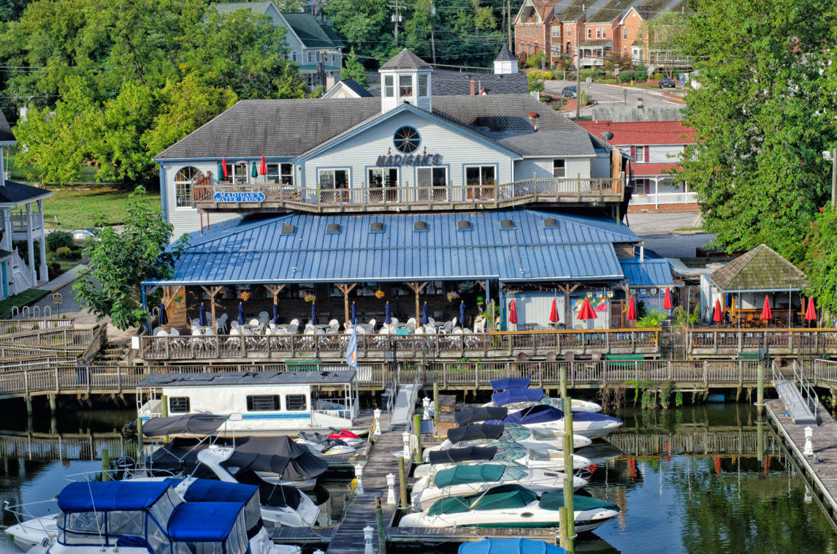 Madigan's Waterfront Restaurant exterior view with boats in the foreground