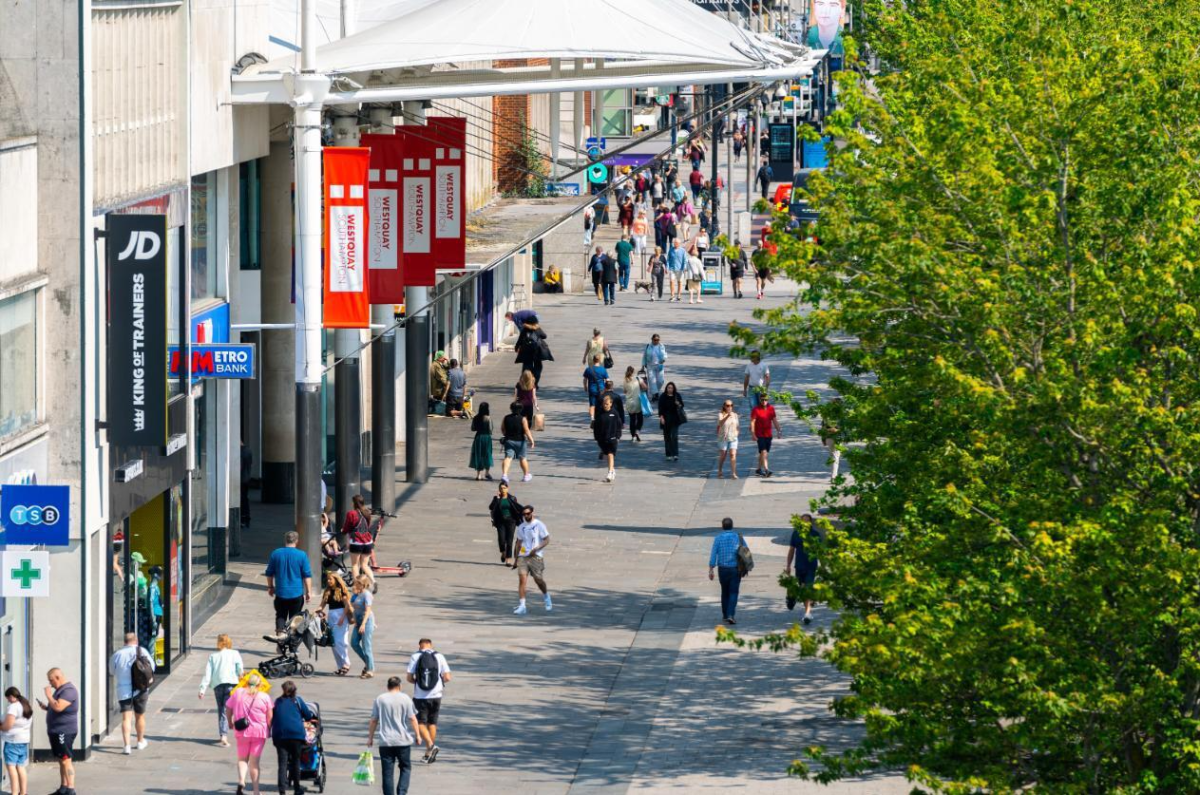 Top down view of people walking around Above Bar Precinct in the summer