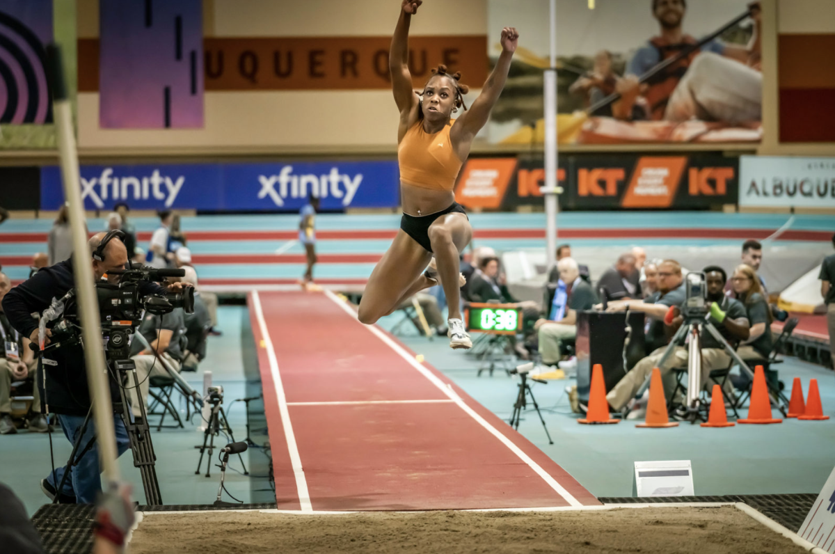 An athlete participates in the long jump at the 2024 USATF Indoor Championships
