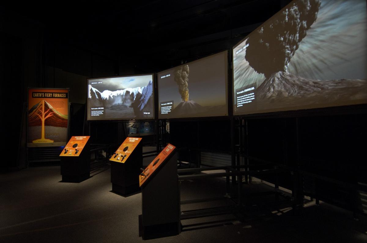 A display about volcanos from the Nature Unleashed: Inside Natural Disasters traveling exhibit at the Indiana State Museum