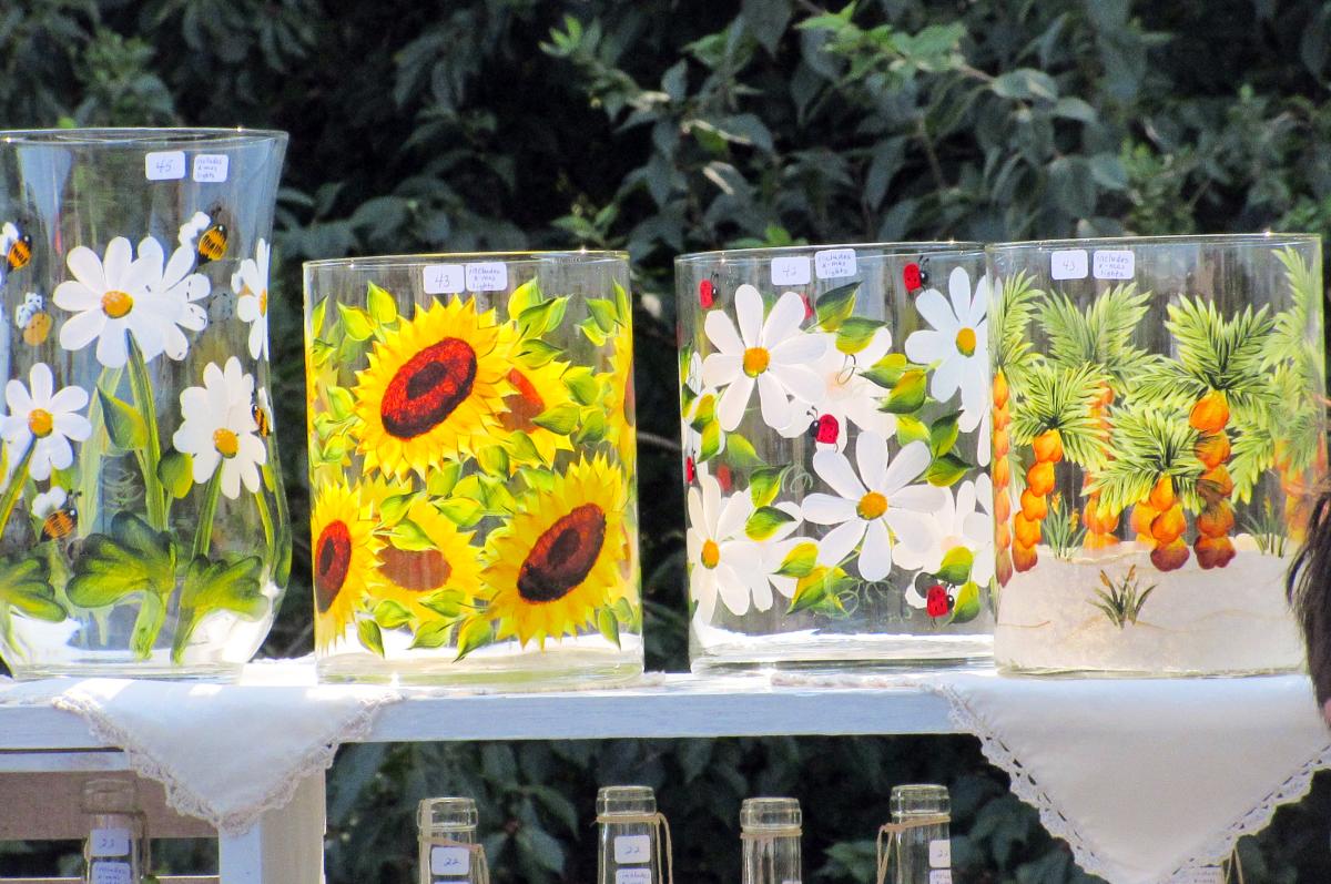 glass vases handpainted with flower patterns