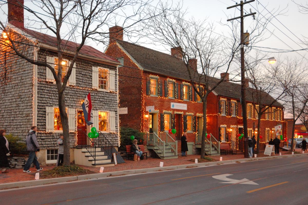 Shops on Shab Row in Frederick decorated in holiday lights