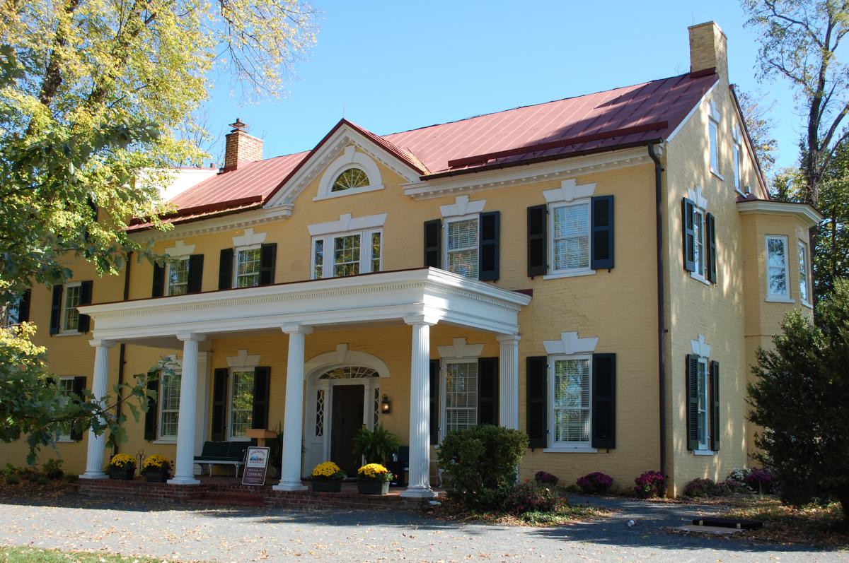The facade of Dodona Manor, National Historic Landmark and former home of General George C. Marshall, in Leesburg, Virginia