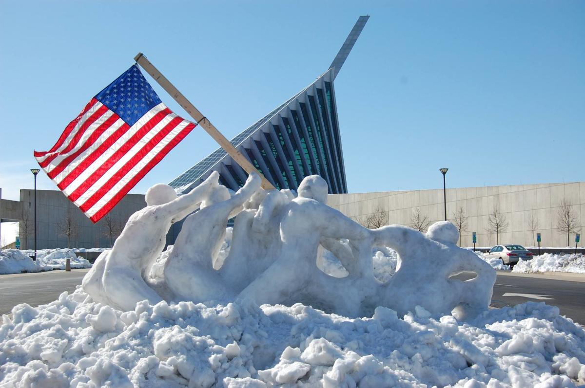 sculpting in snow of the flag raising on Iwo Jima in front of the National Museum of the Marine Corps