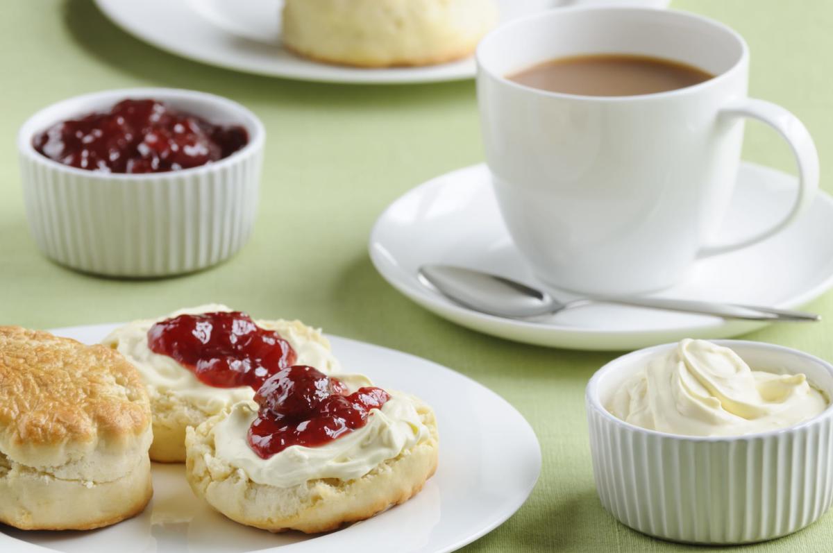 A cup of English cream tea with biscuits.