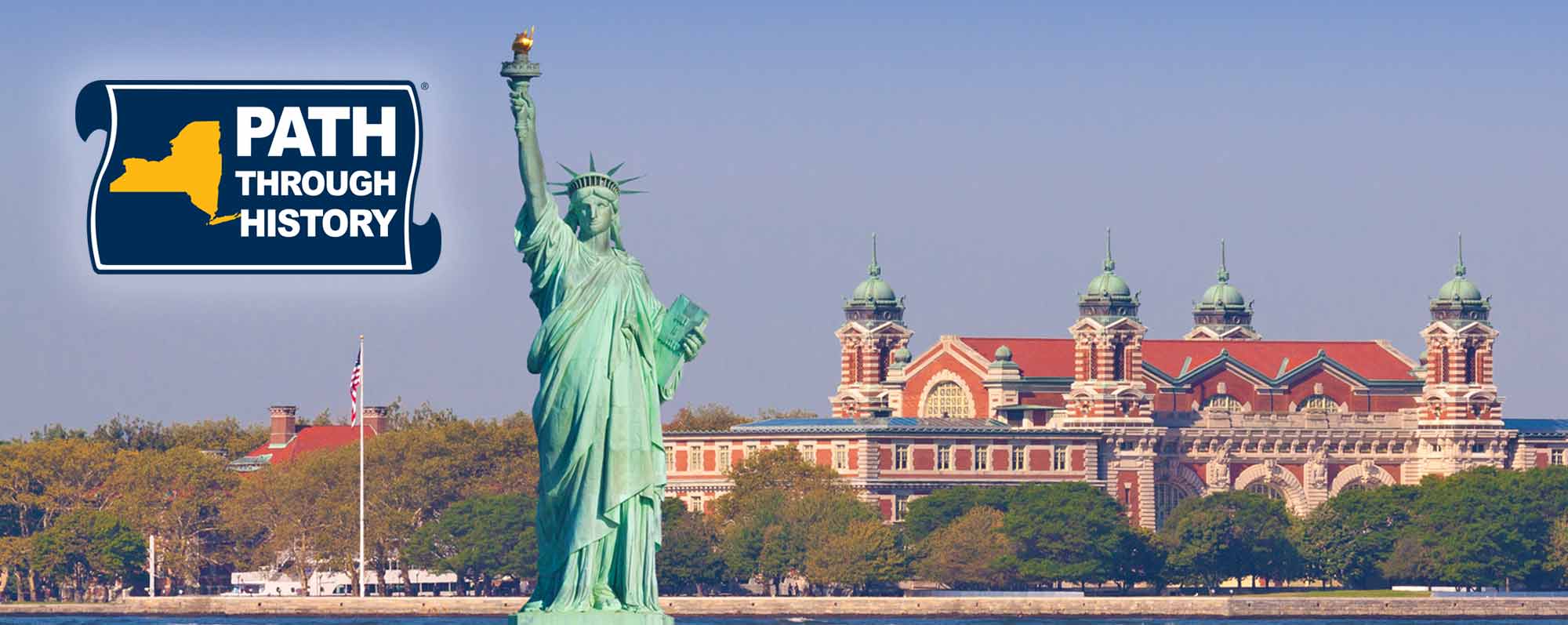 The Path Through History logo on a photo with the Statue of Liberty and Ellis Island