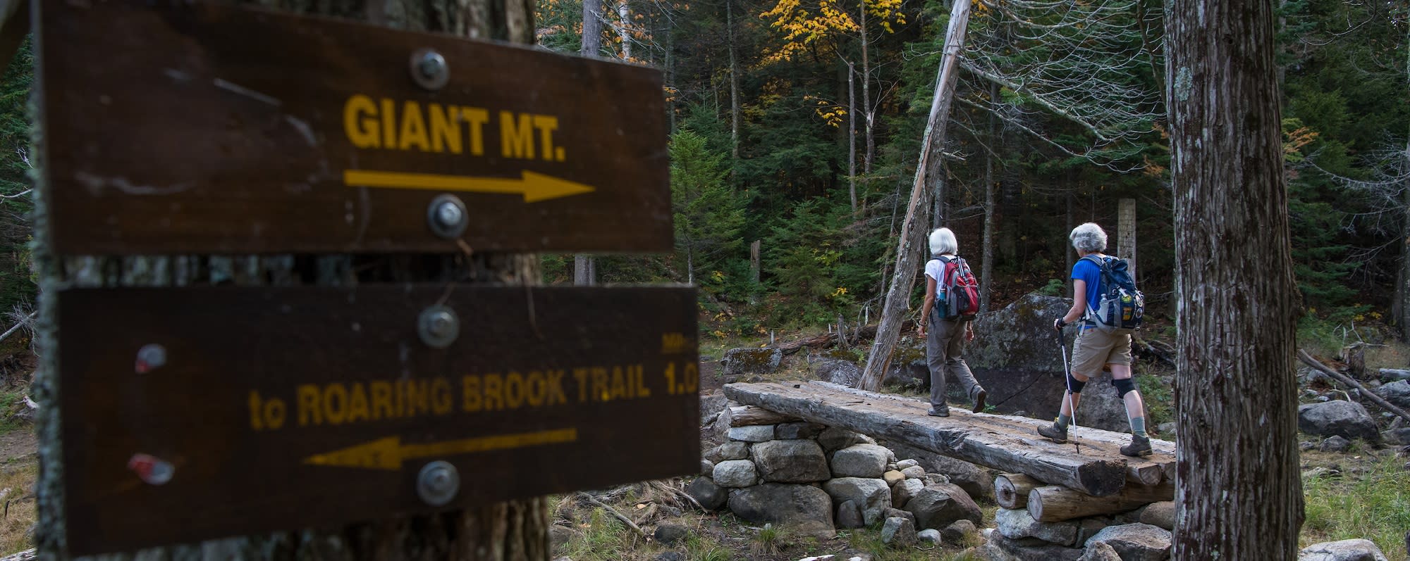 Two senior hikers march their way along a wooden bridge on the Trail to Giant Mountain at Giant Washbowl