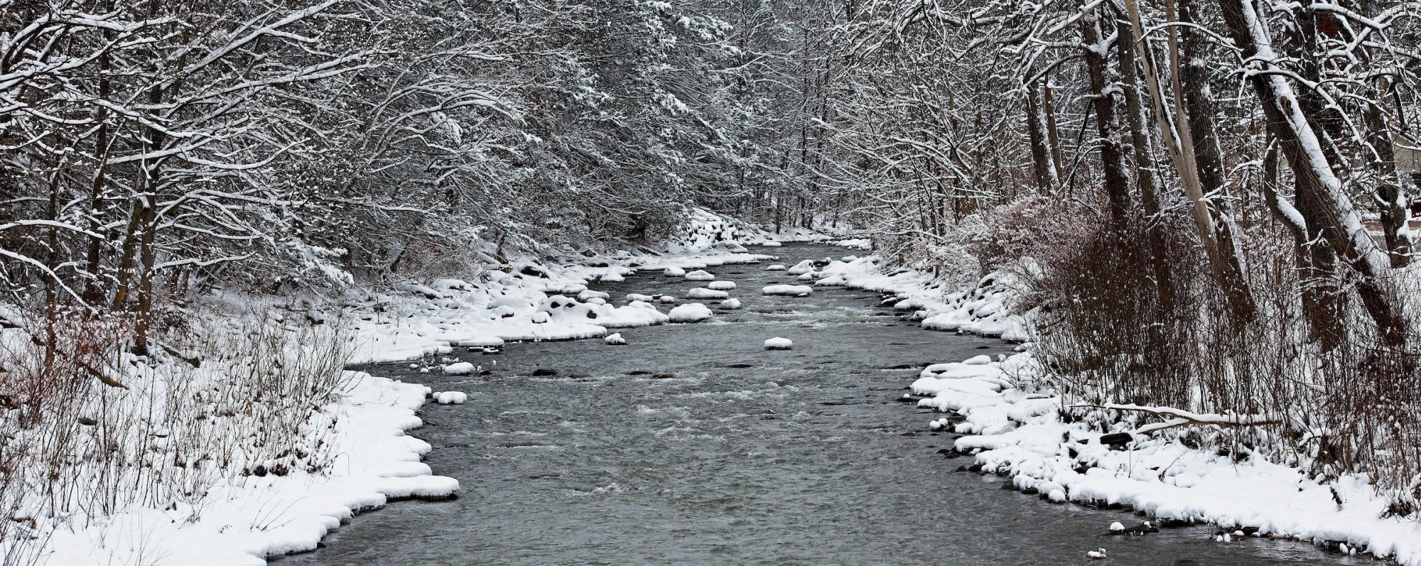 View up Stoney Clove Creek in the Hamlet of Phoenicia in winter, Ulster County, Catskills
