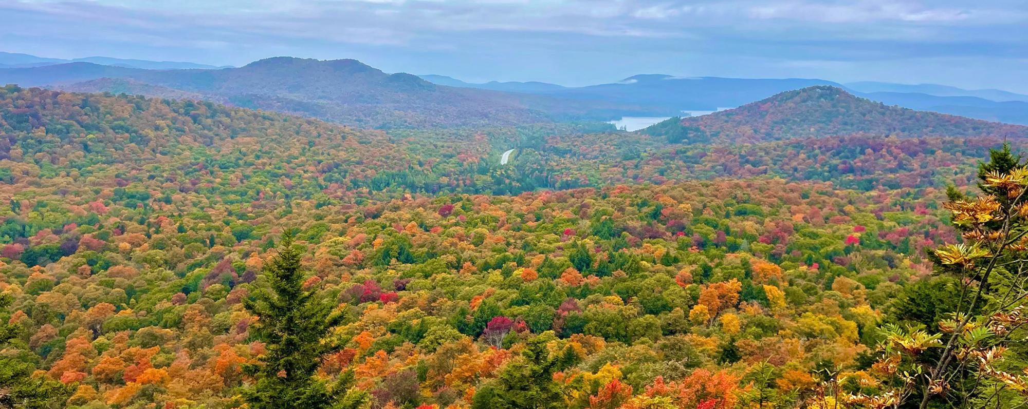 View of colorful fall foliage in the Adirondacks from Coney Mountain in Tupper Lake
