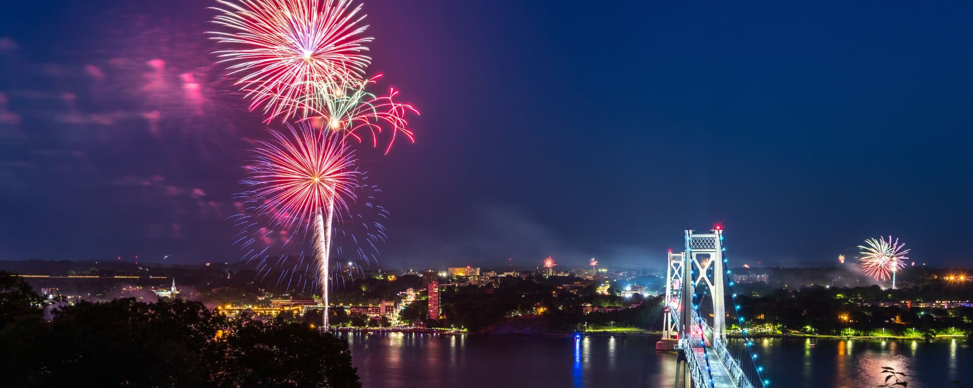 A photo of Independence Day fireworks between Mid Hudson Bridge and Walkway over the Hudson