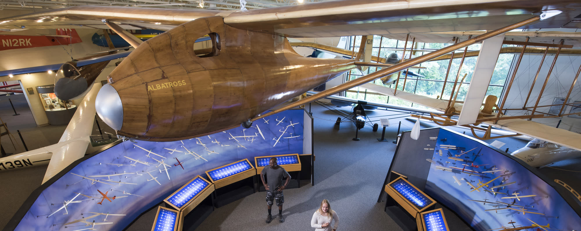 A plane hanging from the ceiling at the National Soaring Museum