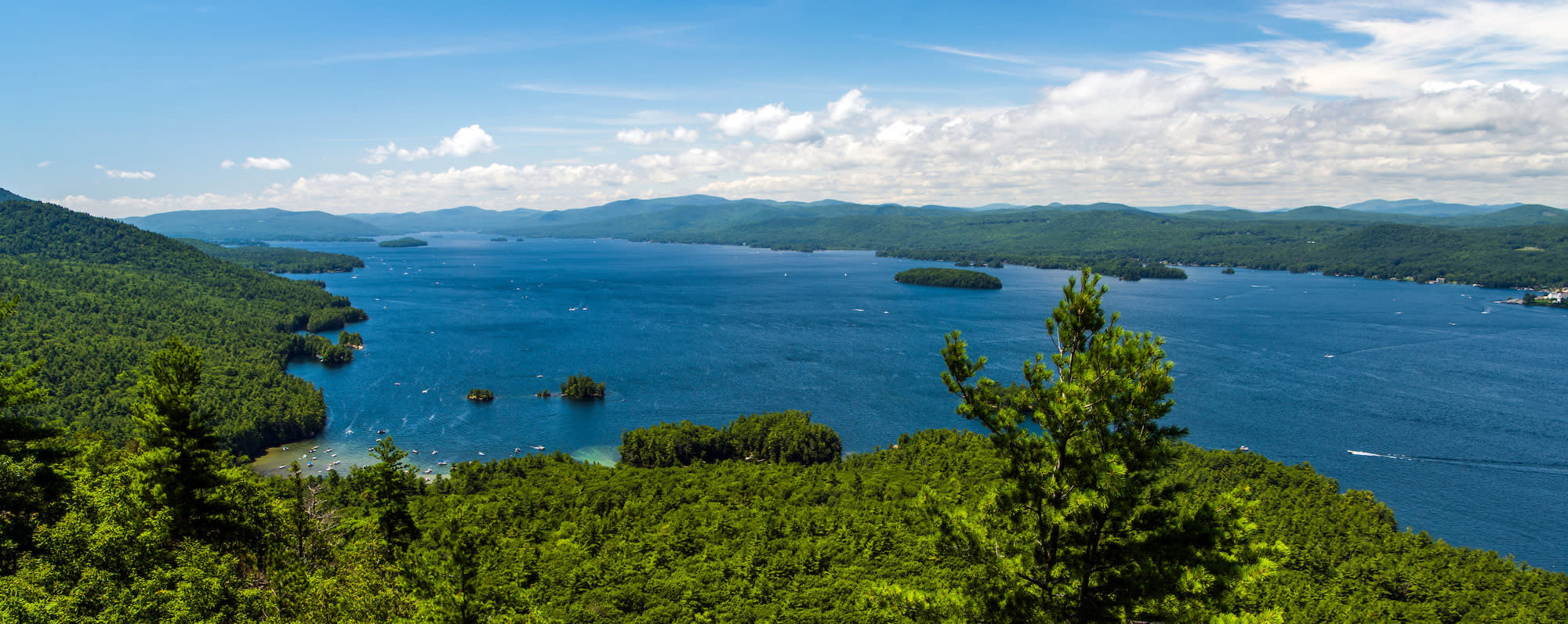 An aerial view of Lake George from Shelving Rock in the Adirondacks